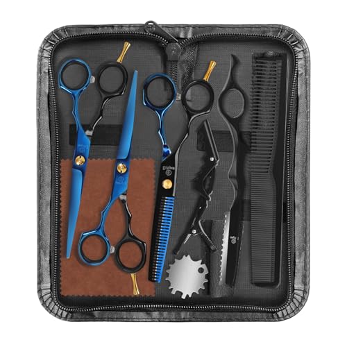 Professional Hair Cutting Scissors Set 3-Piece Black & Blue 6.5" Barber Shears