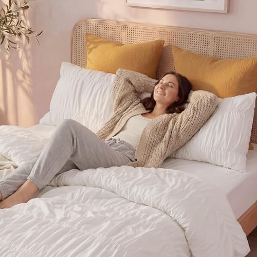 Queen Size Cotton Ruffled Comforter Set with Pleated Texture - White