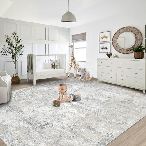 Large Washable 8x10 Area Rug - Modern Abstract Neutral Non-Slip Kids Carpet for Living Room & Bedroom - Beige Grey Variation