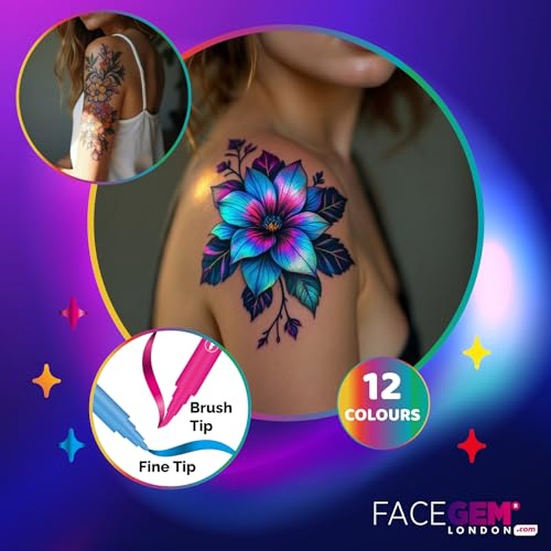 12 Metallic Temporary Tattoo Markers ? Create Temporary Tattoos with Dual-Tip Body Markers, Bold & Fine Lines, Waterproof, Fast-Drying, Non-Toxic, 42 Stencils, Fake Tattoos Set, Tattoo