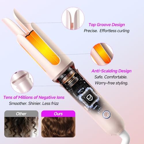 Automatic Curling Iron 1.25" Rotating Wand Pink 4 Temp Ionic Ceramic Safety