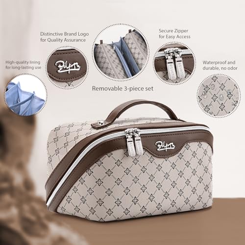 BOYATU Khaki 3-Piece Travel Makeup Bag Set with Large Compartments