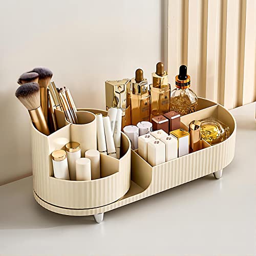 DASITON Large Capacity Makeup Brush Holder,360¡Æ Rotating Makeup Organizer,9 Slot Makeup Brushes Cup,for Vanity Decor,Bathroom Countertops,Desk Storage Container,Cosmetic Display cases(Cream-L)
