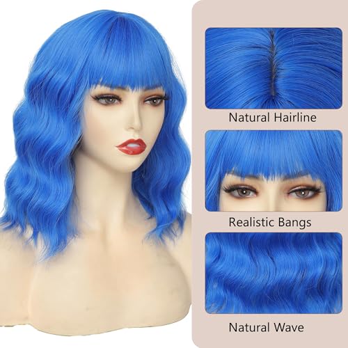 Light Blue Short Bob Wig with Bangs for Women - Wavy Synthetic Cosplay Hair