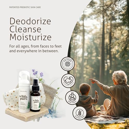 Wild & Pure EWG Verified Natural Travel Size Body Wash Set (1.7oz Foam, 0.9oz Spray + wipes) | Cleanser, Deodorizer, Moisturizer | pH-Balanced, Microbiome-Friendly, Plant-Based | Refillable Skincare