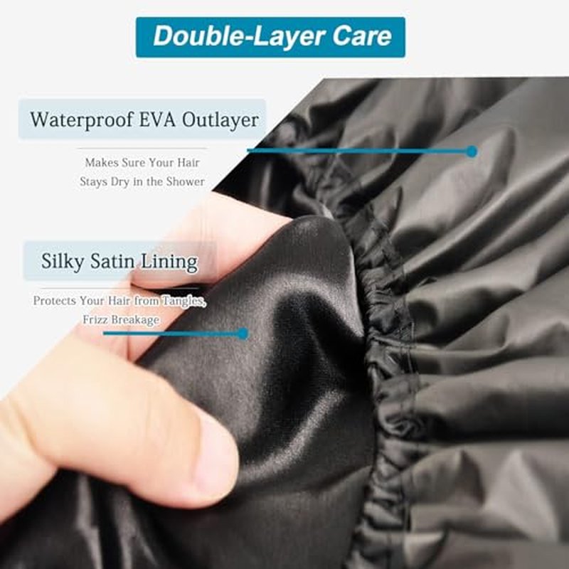 3 Pcs Super Jumbo Adjustable Satin Lined Shower Caps for Long Hair & Braids, Extra Large Shower Cap for Women & Men, Reusable XL with Waterproof Edge for Dreadlocks, Locs (Black)