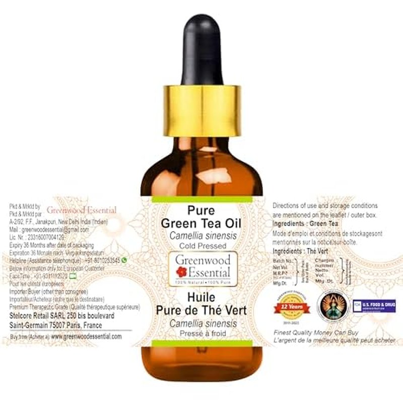 Greenwood Essential Green Tea Oil (Camellia sinensis) with Glass Dropper | Cold Pressed | Natural | Undiluted | for Diluting Essential Oils | for Skin & Massage | Men & Women | 15ml (0.50 oz)