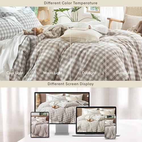 MooMee Buffalo Plaid Tannish Linen Grey King Duvet Cover Set, 3 Pieces