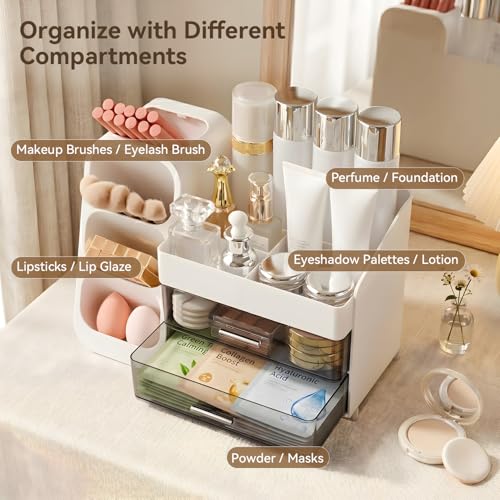 Makeup Organizer for Vanity with Brush Holder and Drawers - White - Brothersbox