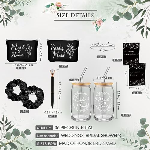Irenare 36 Pcs Bridesmaid Proposal Gifts Set of 6 Will You Be My Bridesmaid 16 oz Glass Cup Brides Maid Cosmetic Bags Cards Bracelets Bridal Shower Favor Wedding Supplies Bachelorette Party(Black)