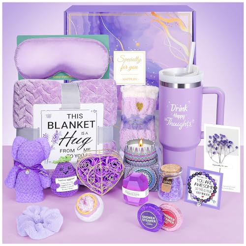 Birthday Gift for Women, Self Care Get Well Soon Gifts, Lavender Relaxing Spa Basket Care Package w/ Flannel Blanket 40 oz Tumbler, Unique Valentines Gifts for Women Mom Her Friend Sister Wife