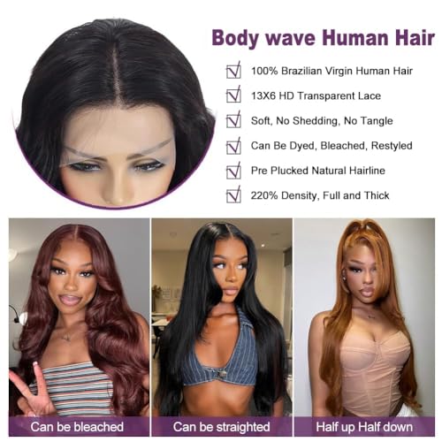 22 Inch Brazilian Virgin Human Hair Lace Front Wigs - Pre Plucked Body Wave, 220% Density, HD Transparent Lace, Glueless Fit