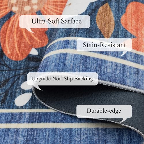 Blue Floral Washable Area Rug 8x10 - Ultra Soft, Non-Slip, Pet Friendly