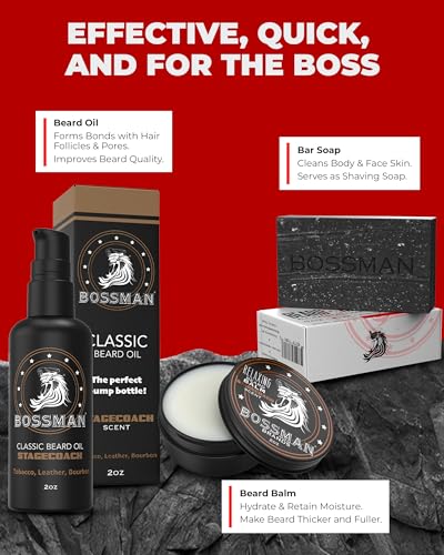 Bossman Starter Beard Grooming Kit with Stagecoach Scent – Men’s Gift Set