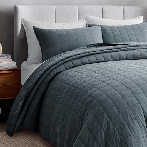 Evergracehome 100% Cotton Box Stitch Quilt Set – Queen Midnight Blue (92" x 96"), Full/Queen