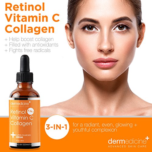 Dermedicine 1 Fl Oz Retinol Vitamin C Collagen Face Serum with Hyaluronic & Ceramides