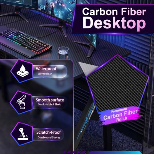 47-Inch R-Shaped Gaming Desk - Black & Blue Computer Table, Easy Assembly