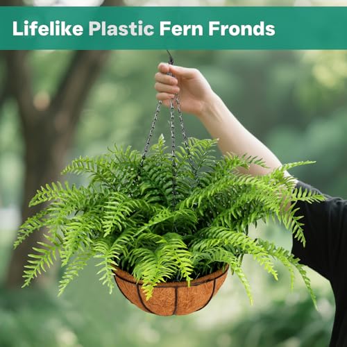 Green 2 Pack Fake Hanging Ferns with Baskets - UV Resistant Outdoor Plants, No Assembly, Realistic Decor for Porch & Garden