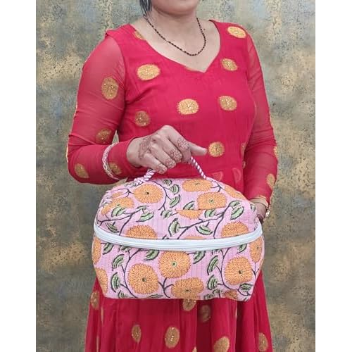 Rastogi Handicrafts Quilted Floral Cosmetic Bag, Organizer Bag Patterns, Striped Handle, Zipper Closure, Travel Make up Storage (Orange)