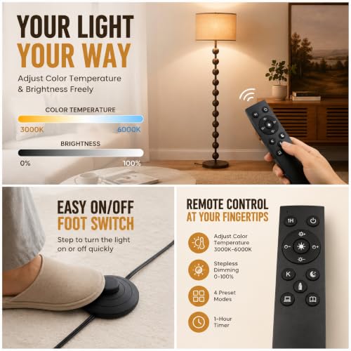 Fetason 63-Inch Modern Farmhouse Dimmable Floor Lamp with Remote Control - Black & Brown Wood Pattern