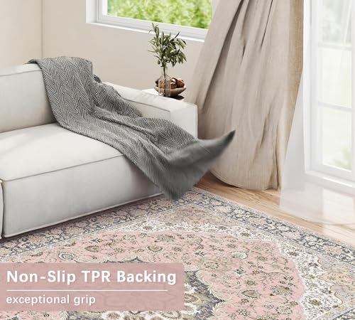 8x10 Pink Persian Style Washable Rug - Vintage Floral Living Room Carpet, Non-Slip, Soft Faux Wool