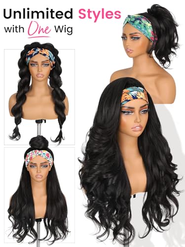 HANNE Yaki Wavy Flip Curl Headband Wig for Black Women - Natural Black, 26 Inch