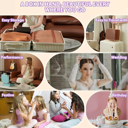 Makeup Organizer Box with Detachable Lighted Mirror, Travel Train Cosmetic Case, Adjustable Divider Storage Bag, Portable Artist Storage Suitcase with Magnetic LED Mirror (Rose Gold)