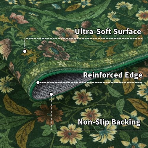 Dark Green Floral Area Rug 6x9 Washable Botanical Carpet for Living Room