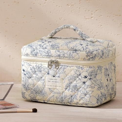 A-3PCS-Floral Quilted Makeup Bag Set - Large Travel Cosmetic Organizer