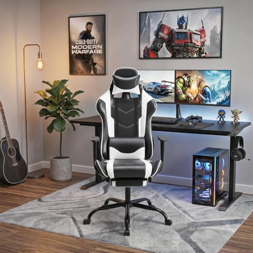 White Ergonomic Gaming Chair with Recline & Footrest - BestOffice