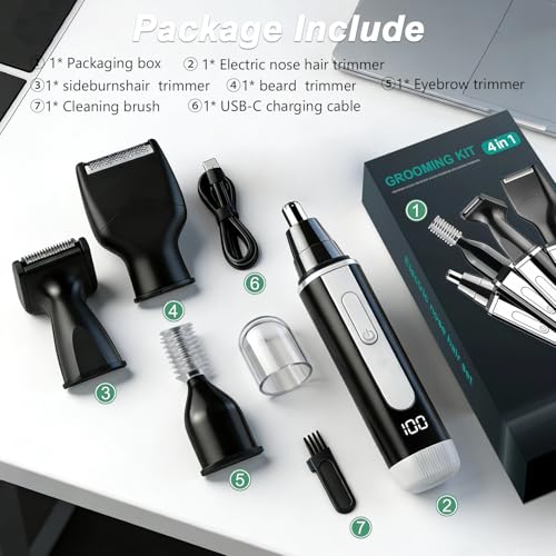 Rechargeable 4-in-1 Nose Ear Eyebrow Beard Trimmer Kit - Waterproof, LED Display