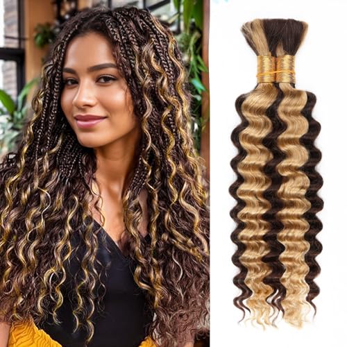 14 Inch Honey Blonde Human Braiding Hair Deep Wave Bulk No Weft Curly Extensions