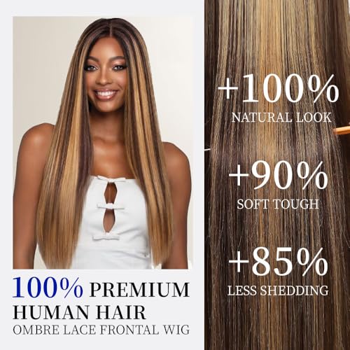 WOOMN 22 Inch 4/27 Ombre Virgin Human Hair Lace Front Wig 13x6 Highlight 200% Density