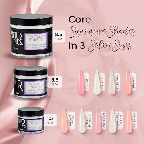 Tones Pro Acrylic Nail Cover Powder, Glass (Clear), (3.5 Fl Oz) - Bubble Free Long-Lasting & Non-Yellowing Polymer Acrylic Nail Powder for Salon & Home Quality Nail Carving Extensions & 3D Art