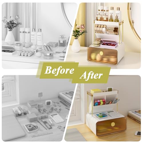FOLLOWIN Amber 3-Tier Makeup Organizer with Drawer for Vanity & Bathroom