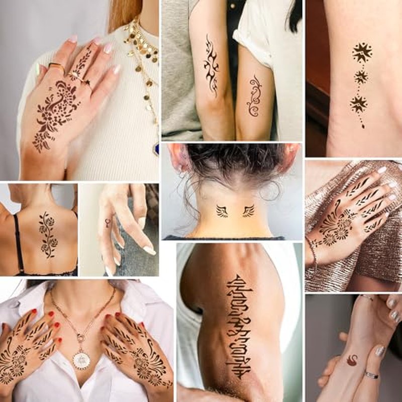 126 PCS Temporary Tattoos Stencils Kit,Temporary Tattoos Kit - 6 Pcs 2 Color(Brown Black) Ink with Gloves,DIY Body Art Painting for Women Men Adults Kids