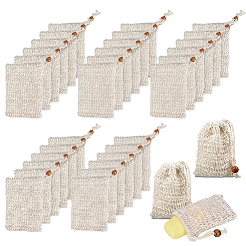 40Pack Soap Saver Bag Exfoliating Sisal Soap Pouch with Drawstring Bar Wooden Bead Foaming and Drying Exfoliating Net for Bath and Shower