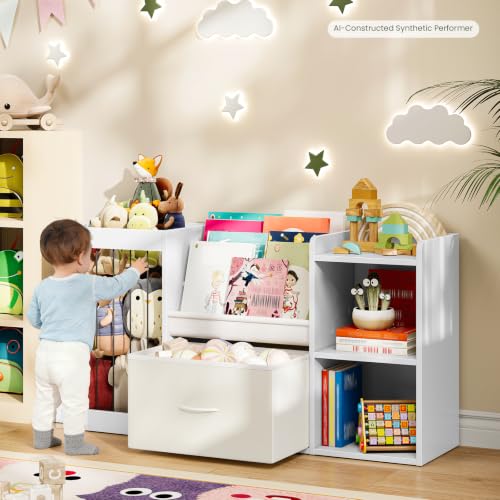 Kids Bookshelf with Stuffed Animal Storage - 3-Tier Organizer, Large Fabric Drawer, White