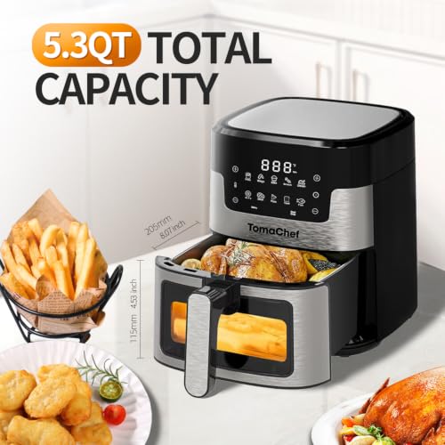 TomaChef 5.3QT Air Fryer with View Window & 10 Cooking Presets - Black, Medium