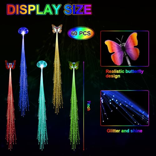 60 Pack Glow Hair Clips with LED Lights & Butterfly Fiber Optic Extensions
