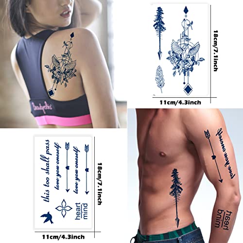 Arrow Semi Permanent Tattoo, 6-Sheet Long Lasting 1-2 Weeks Temporary Tattoos Arrow Feather English Letter Bird Tattoo Stickers, 100% Plant-Based Ink Infinity Realistic Fake Tattoos for Women Kids Waterproof