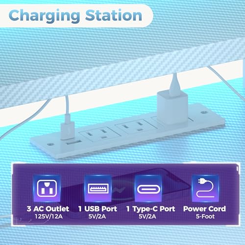 52-Inch Reversible Gaming Desk with LED Lights Power Outlets - White