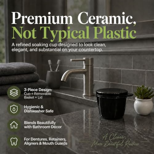 Black Ceramic Denture Cleaning Cup with Lid & Removable Basket - Hygienic Soaking Container