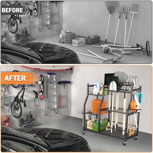 Garden Tool Organizer with Wheels - Rake & Shovel Storage Stand with Shelves - Variation: Tool Stand with Extra Shelves