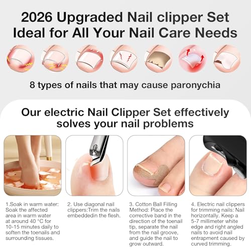Electric Nail Clipper Set 2026 New Dual-Function Trimming and Filing System Professional Electric Nail Clippers are Suitable for (Adults/Children/Seniors) for Both Fingernails and toenails Black
