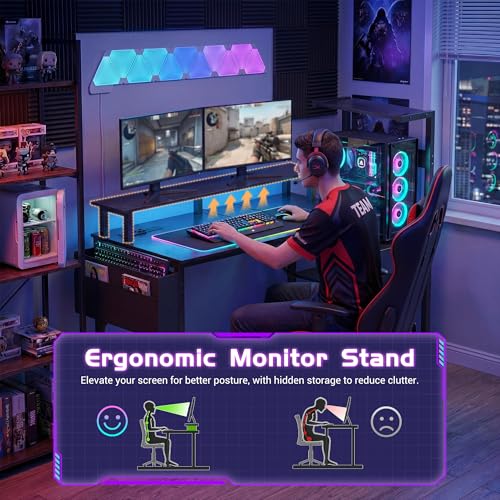 Apicizon 43-Inch Gaming Desk with Monitor Stand, Left/Right Shelves, Black