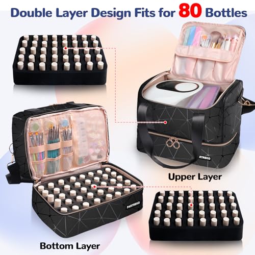 Nail Polish Organizer Holds 80 Bottles (15ml/0.5 fl.oz)& Nail Lamp, PU Leather Nail Organizers and Storage Bag with Shoulder Strap, Portable Nail Supplies Kit Organizer Carrying Case (Black)