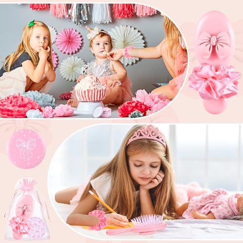 Pink Bow Hair Brush & Compact Mirror Set for Travel & Party Favors