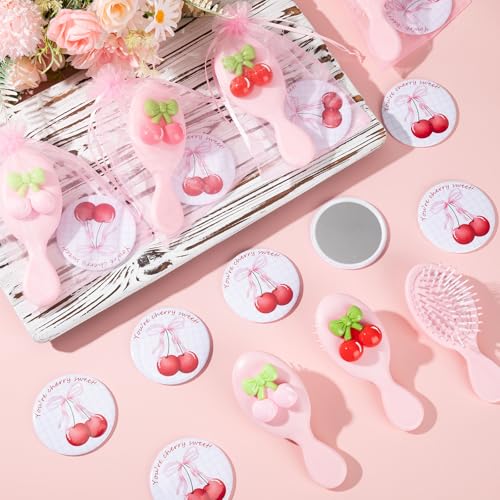Pink Cherry Bow Compact Mirror & Hair Brush Set - Party Favor Gift, Variation of Pink / Cherry Bow