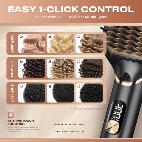 PRITECH Ionic Hair Straightener Brush Black Gold Fast Heating 20s - 5 Temp